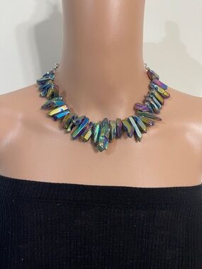 Iridescent Spike Crystal Choker Necklace & Earrings - Women Jewelry
